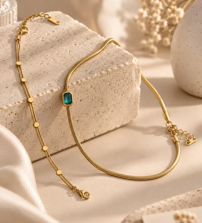 Emerald Snake Chain Necklace & Bracelet Set