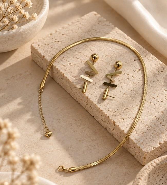 Geometric Bar Drop Earrings & Snake Chain Necklace Set