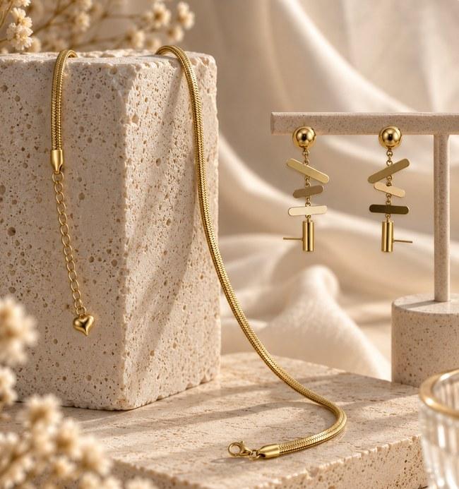 Geometric Bar Drop Earrings & Snake Chain Necklace Set