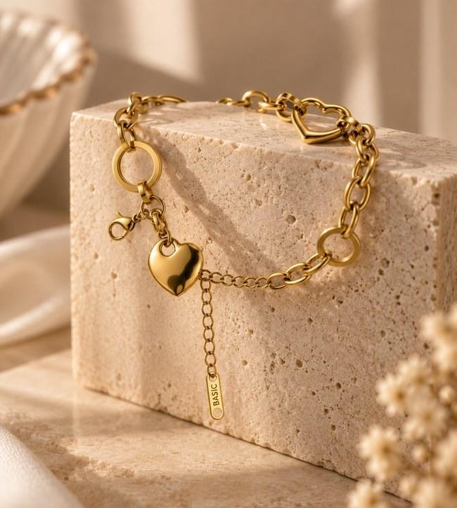 Gold Chain Link Bracelet with Heart Charm