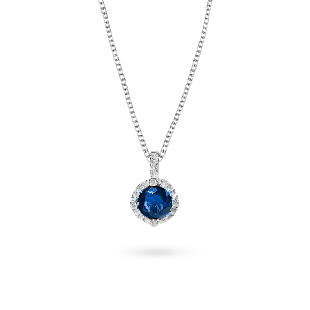 
                  
                    Sterling silver halo solitaire pendant with royal hues by Klarity
                  
                