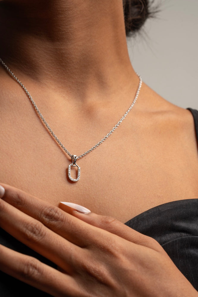 Rhodium-plated studded horseshoe charm on sterling silver chain
