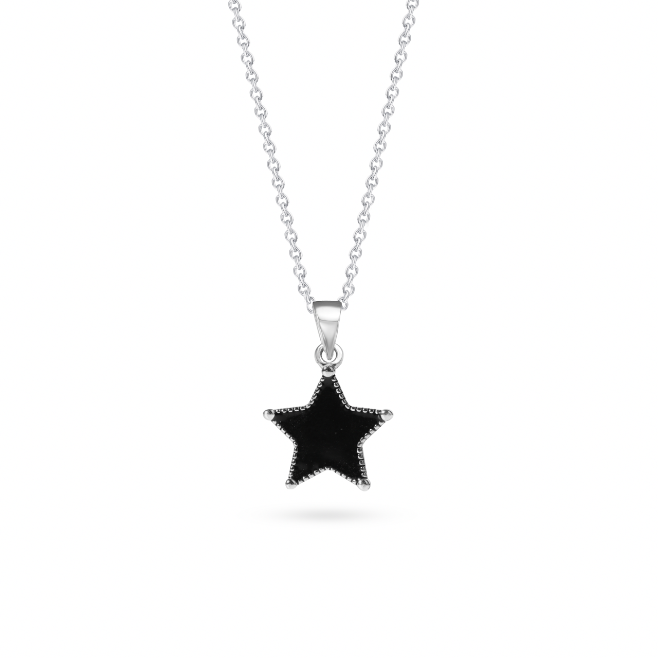 Klarity’s matte black star pendant with metallic borders on silver chain 