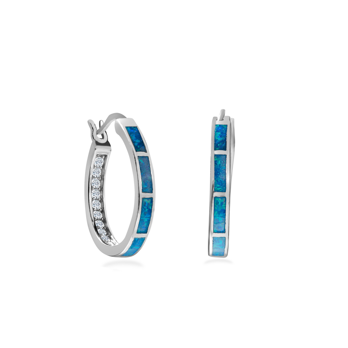 A pair of silver hoop earrings with blue opal inlays, rhodium plated, presented against a white background.