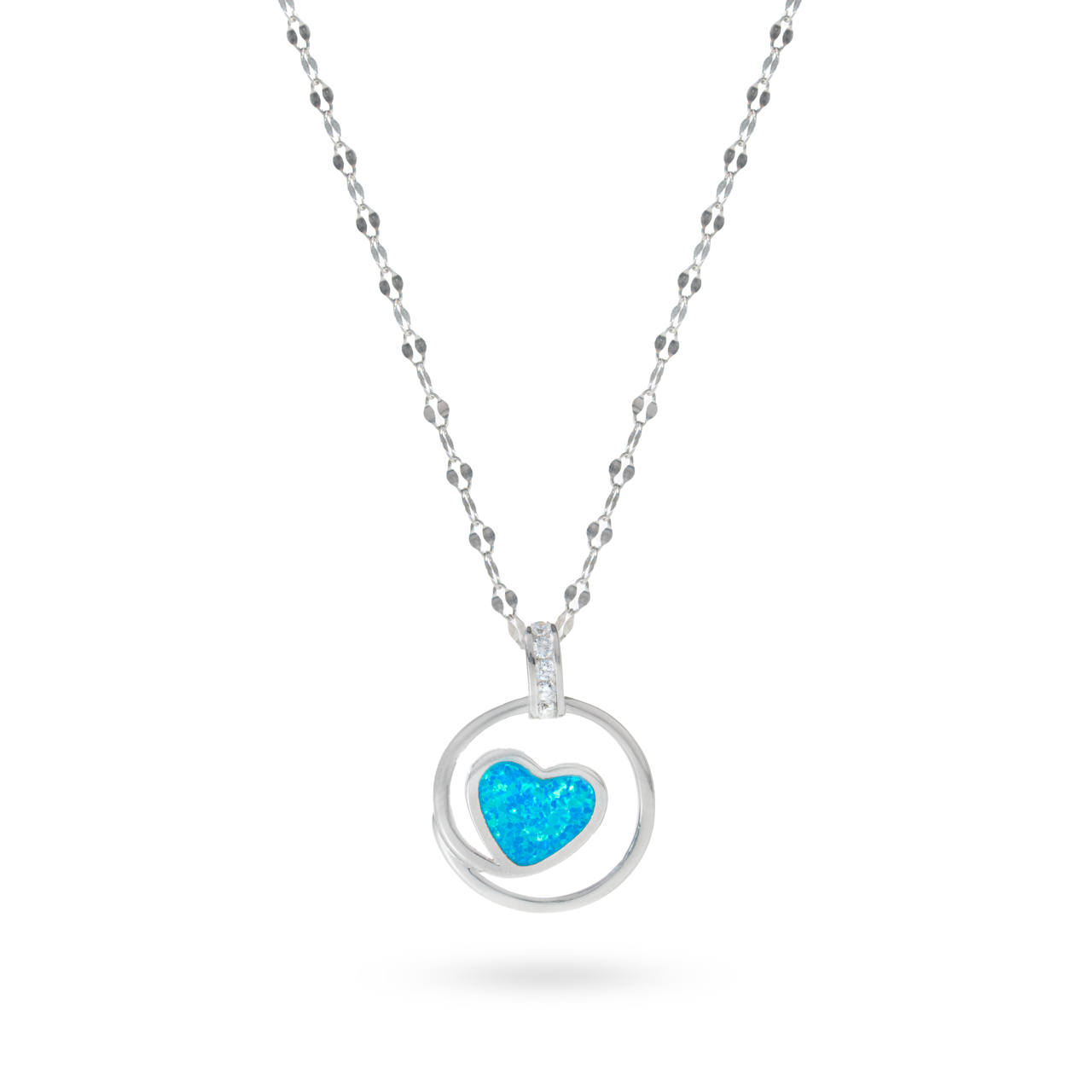 Klarity's blue opal heart pendant encircled in 925 silver on twisted mirror chain