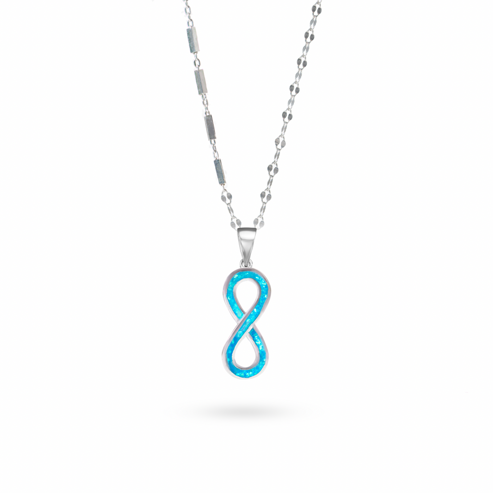 Klarity's blue opal infinity pendant with rhodium-plated 925 silver twisted chain - boho chic jewelry
