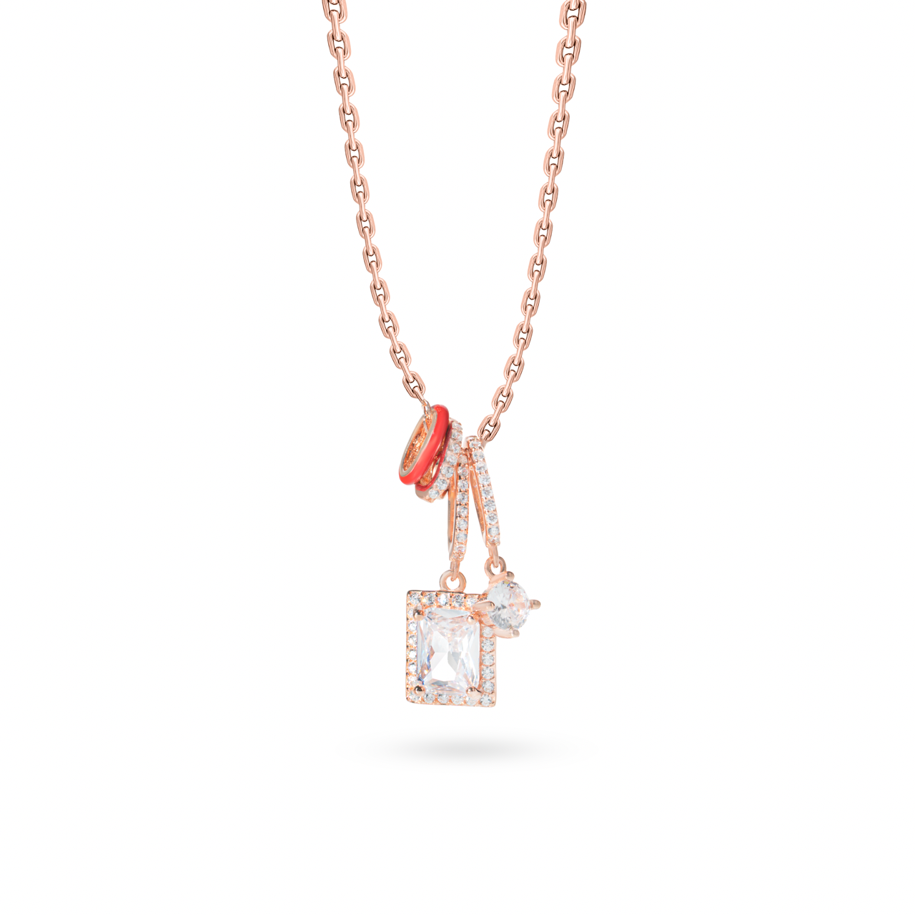 Klarity’s rose gold and rhodium dual-plated multi-charm pendant with precision CZ settings