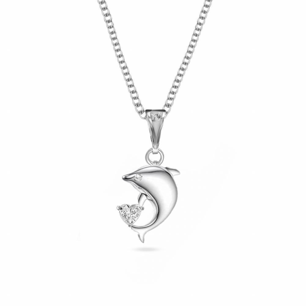 Klarity’s dolphin pendant holding heart-shaped CZ on 925 silver chain - ocean-inspired jewellry
