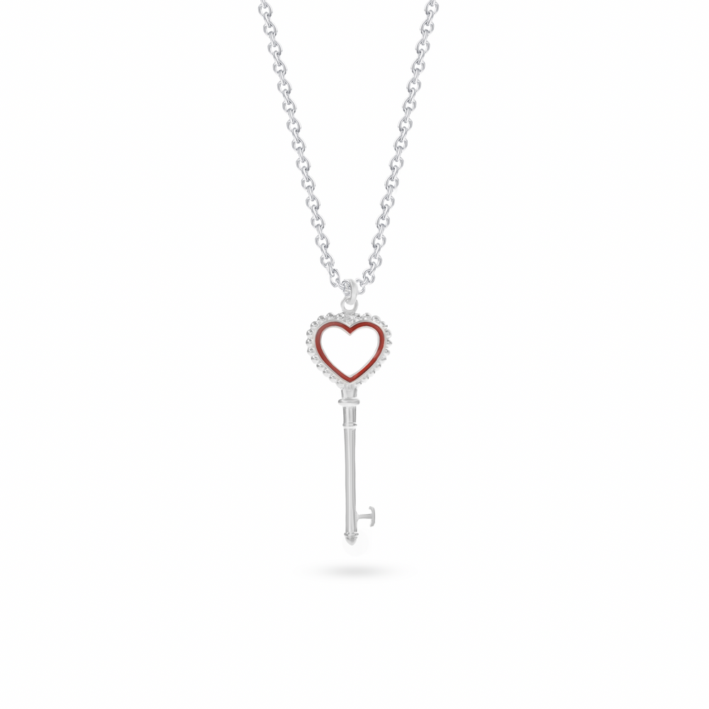 Heart-shaped key pendant with red/green accents on 925 silver chain