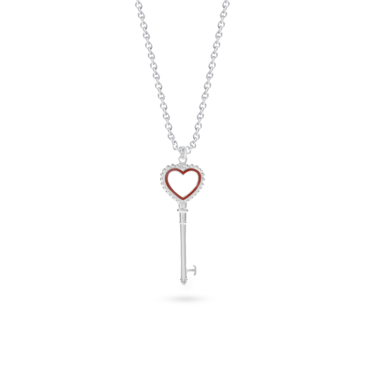 Heart-shaped key pendant with red/green accents on 925 silver chain