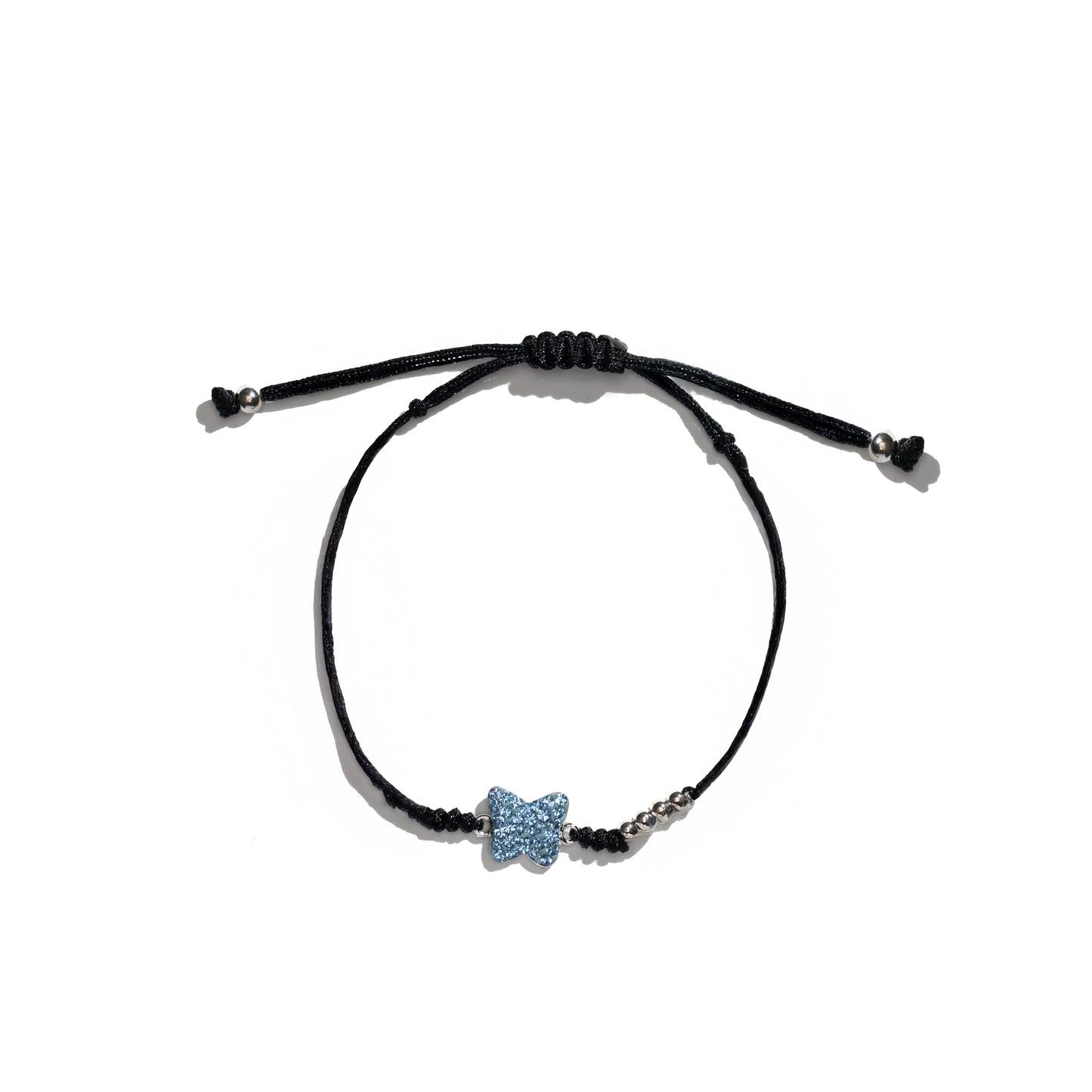 Klarity beaded bracelet with blue butterfly charm on black cord