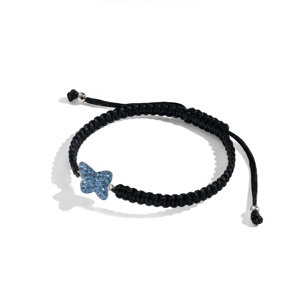 Klarity blue butterfly bracelet with black cord and silver accents