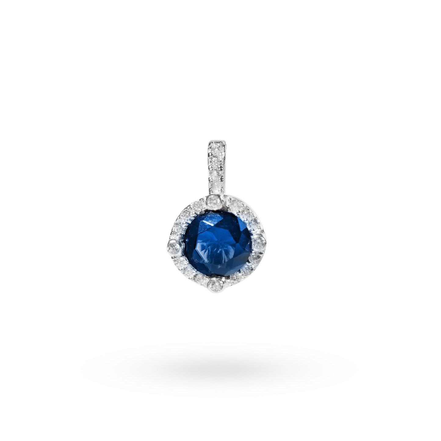 Klarity Colored Halo Solitaire Pendant in 925 silver with deep blue center stone
