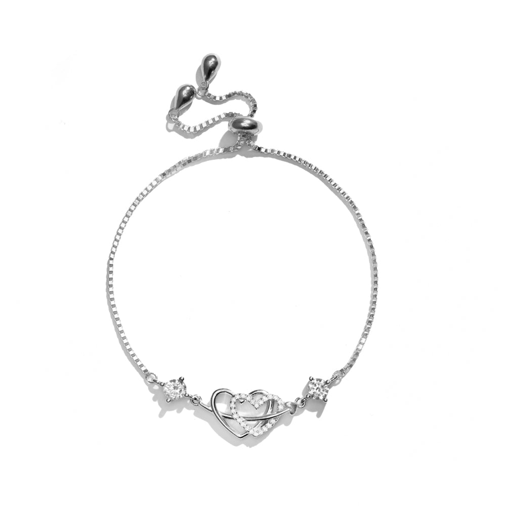 Klarity entwined hearts bracelet with CZ stones and adjustable chain

