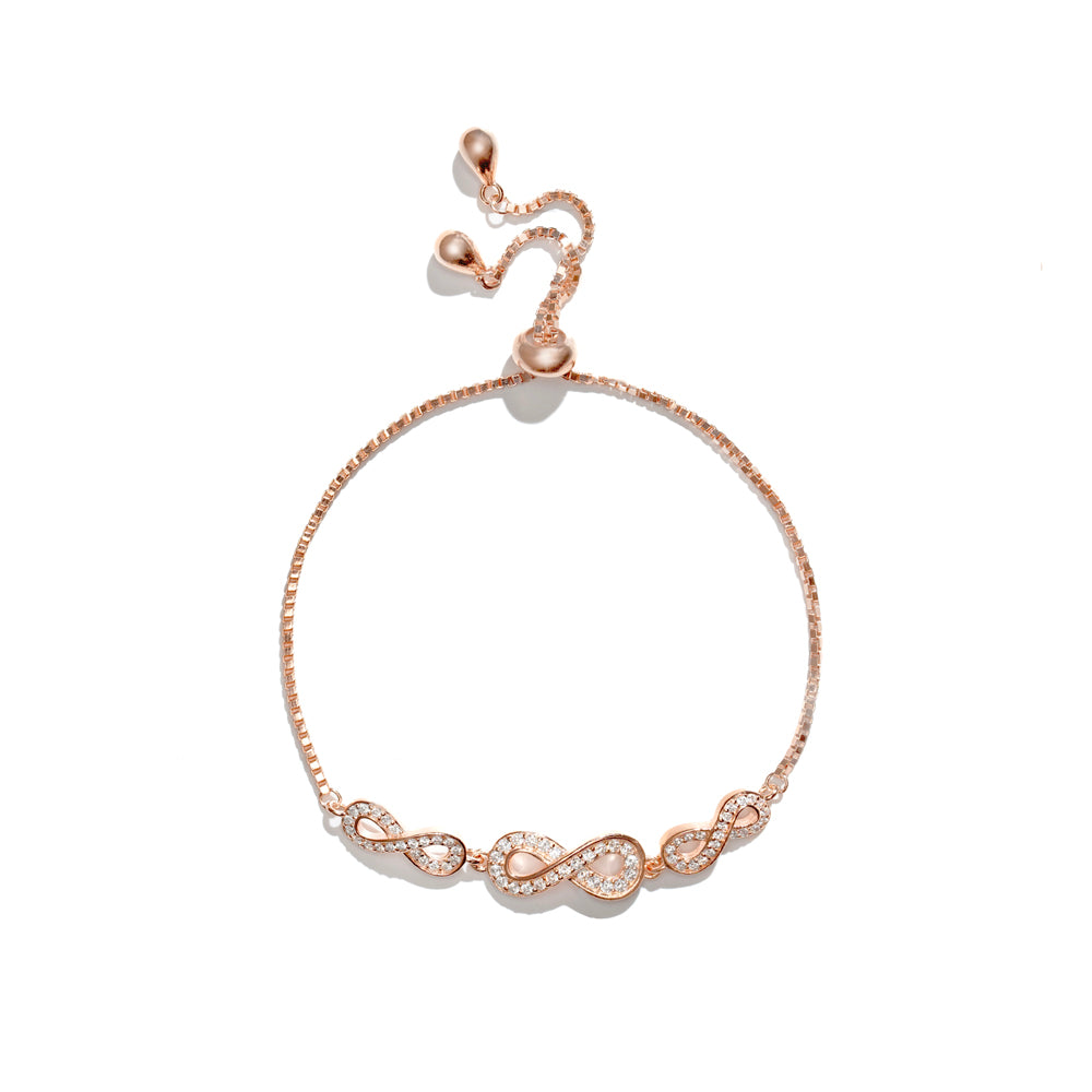 Klarity rose gold infinity bracelet with shimmering CZ stones