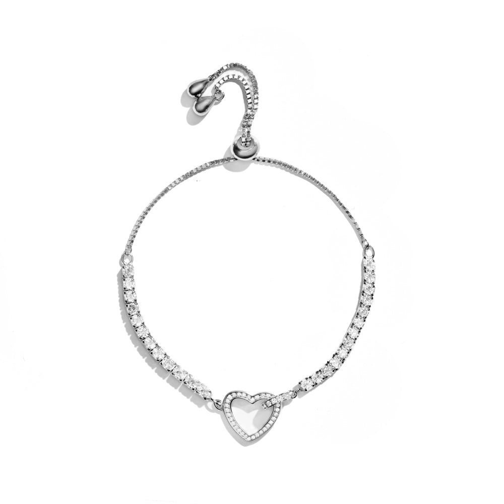 Klarity open heart tennis bracelet with shimmering CZ and silver beads