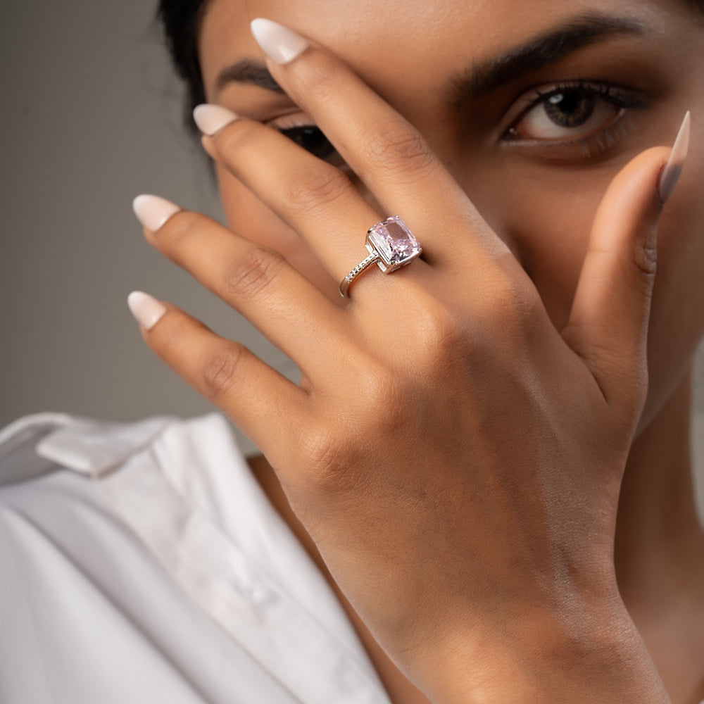 Vibrant pink cubic zirconia solitaire ring by Klarity—made to turn heads