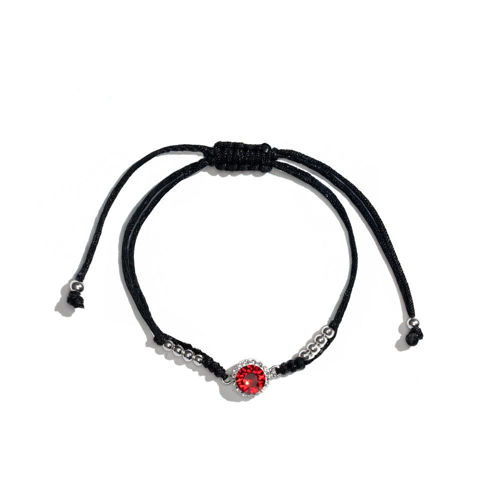 Klarity black cord bracelet with red cubic zirconia and silver beads