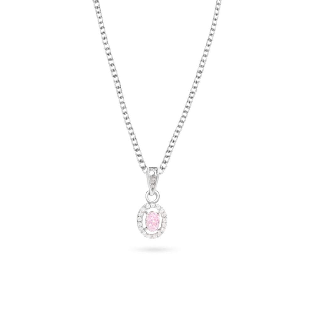 Oval pink CZ pendant with halo setting on 925 silver chain - Klarity