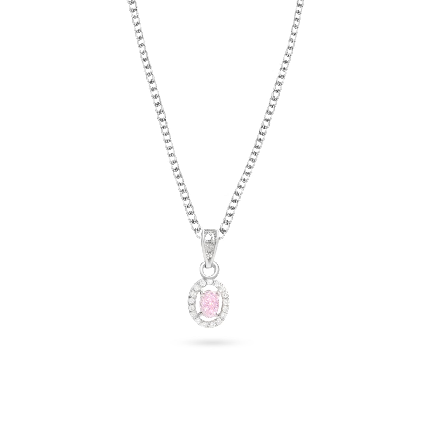Oval pink CZ pendant with halo setting on 925 silver chain - Klarity