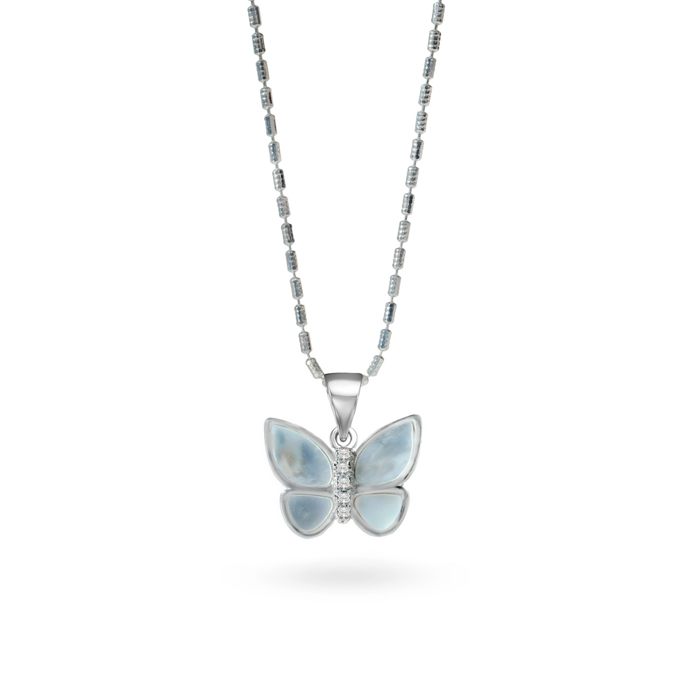Klarity’s butterfly pendant with pearl wings and CZ accents on 925 silver beaded chain