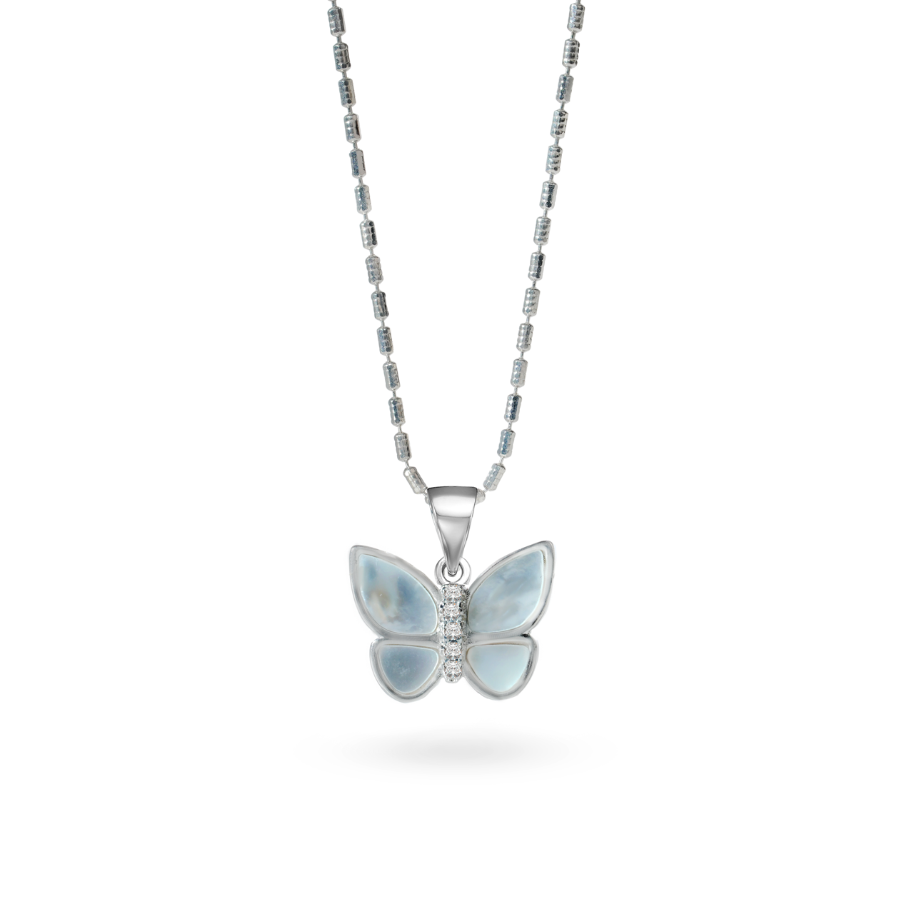 Klarity’s butterfly pendant with pearl wings and CZ accents on 925 silver beaded chain