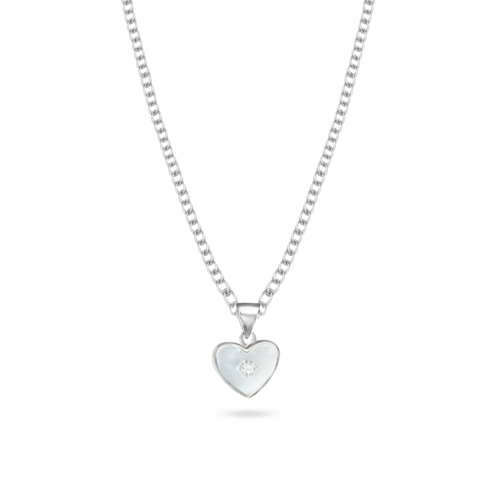 Klarity's heart pendant with mother-of-pearl center and CZ solitaire on 925 silver chain
