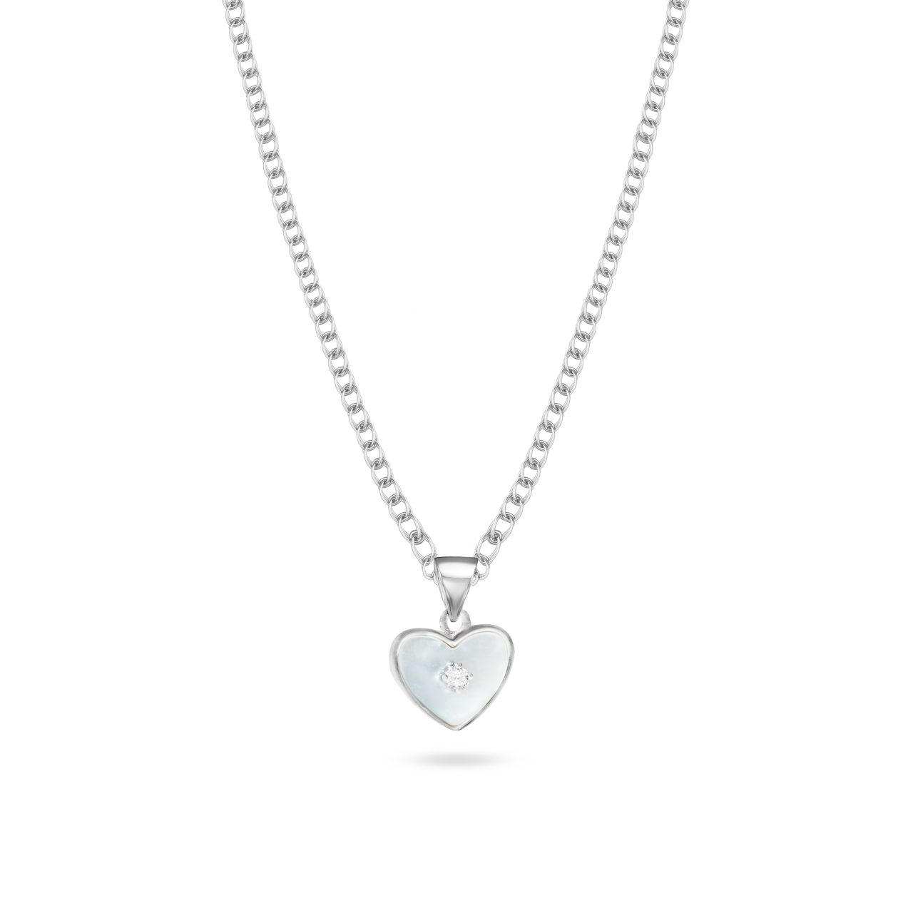 Klarity's heart pendant with mother-of-pearl center and CZ solitaire on 925 silver chain
