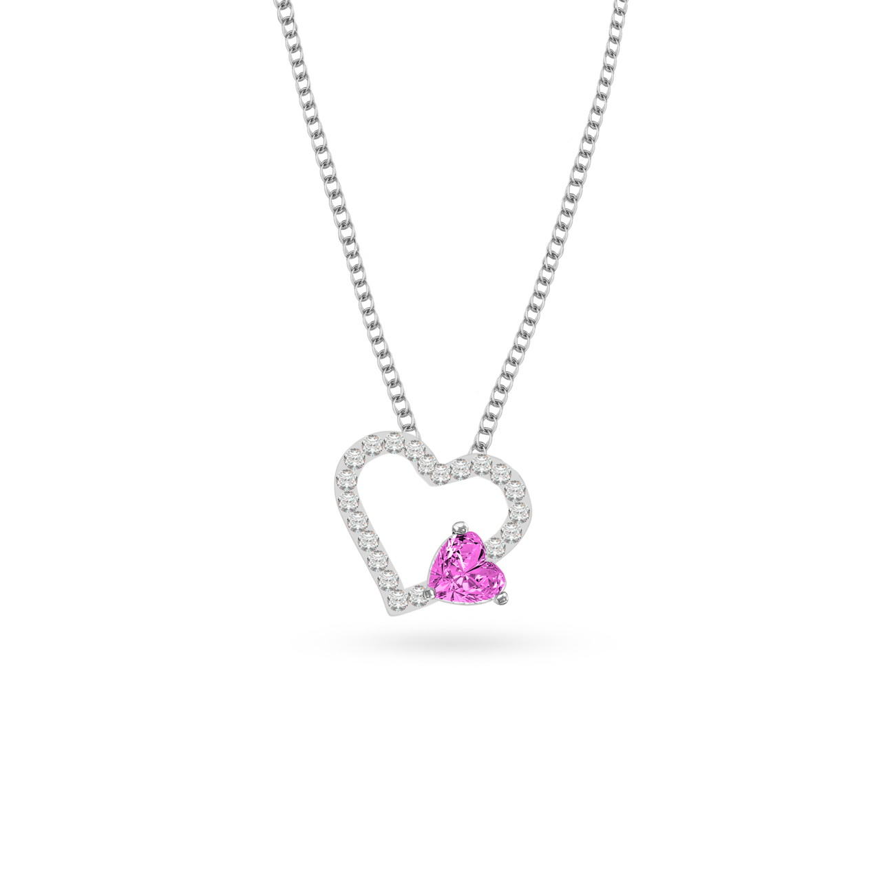 Klarity’s raspberry-accented heart pendant with CZ stones on silver chain