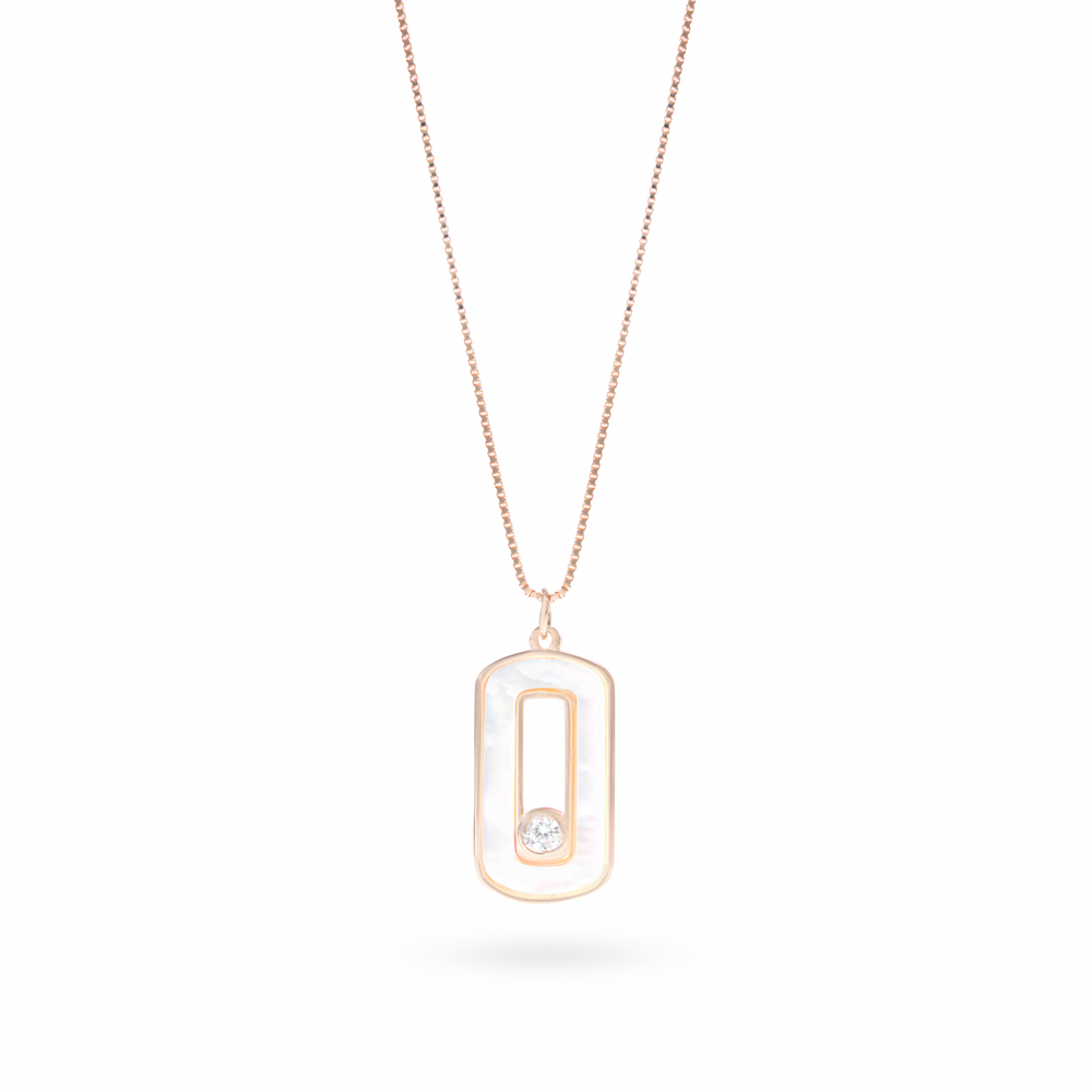 Klarity’s rose gold plated oval pendant with CZ solitaire and mother-of-pearl accents on box chain