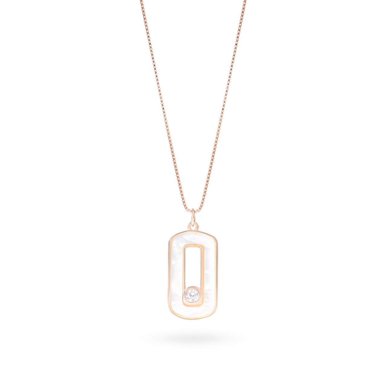 Klarity’s rose gold plated oval pendant with CZ solitaire and mother-of-pearl accents on box chain