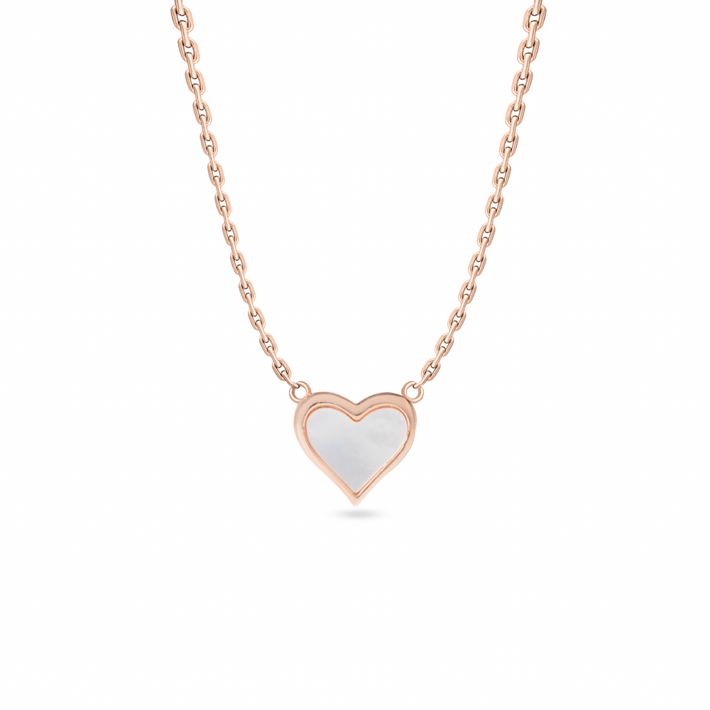 Klarity’s rose gold plated heart pendant with mother-of-pearl inlay on 925 silver chain