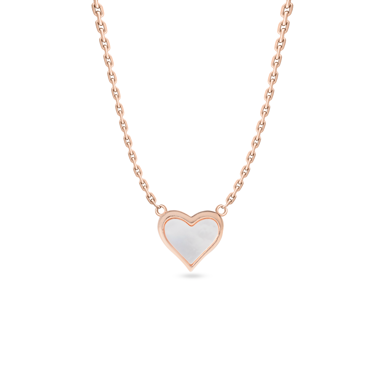Klarity’s rose gold plated heart pendant with mother-of-pearl inlay on 925 silver chain