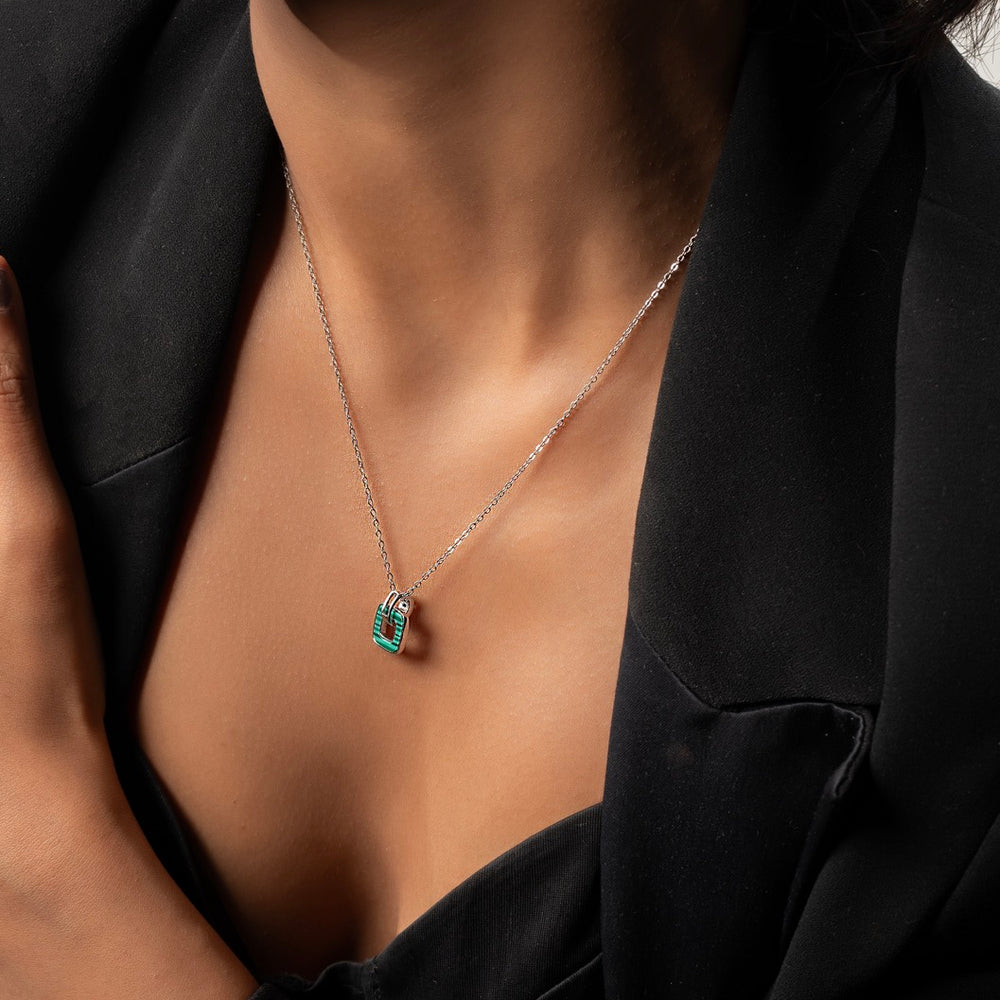 Styling Klarity’s green square pendant with blazer (day) and cocktail dress (night)