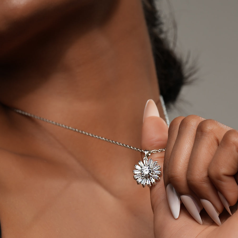 Winter-inspired snowflake pendant by Klarity with radiant stones